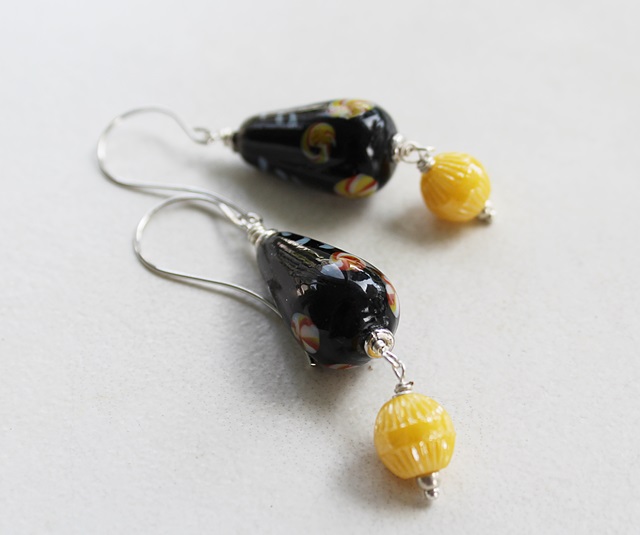 Vintage Japanese Black & Yellow Glass Earrings - The Dojo Earrings