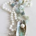 Hand Tied Aquamarine, Mother of Pearl Necklace - The Oyster Bay Necklace